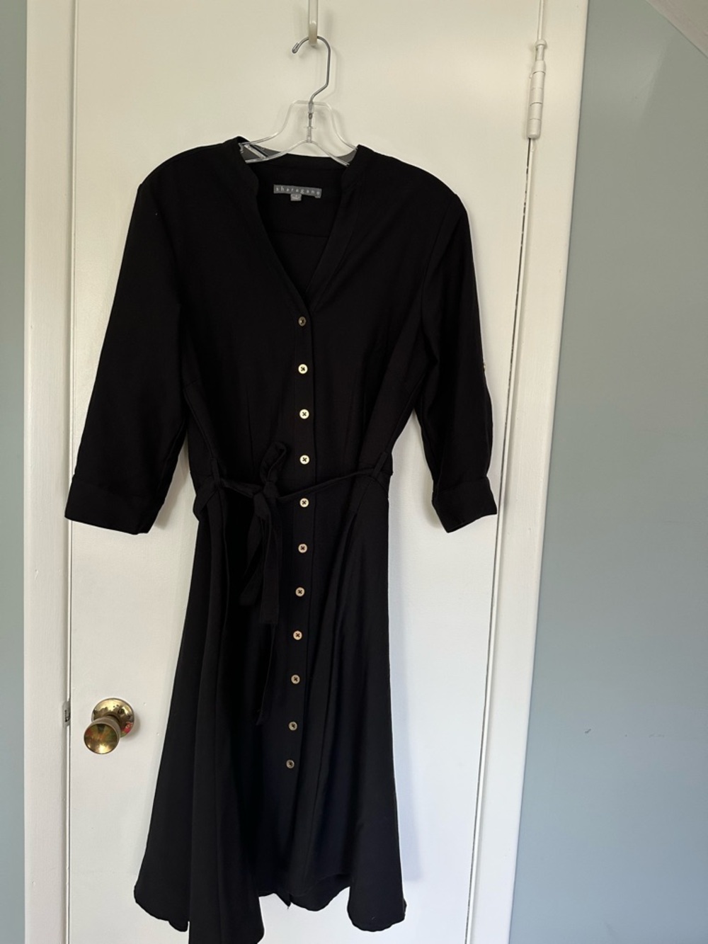 Classic black button down Sharagano Midi shirt Dress with Waist Tie
